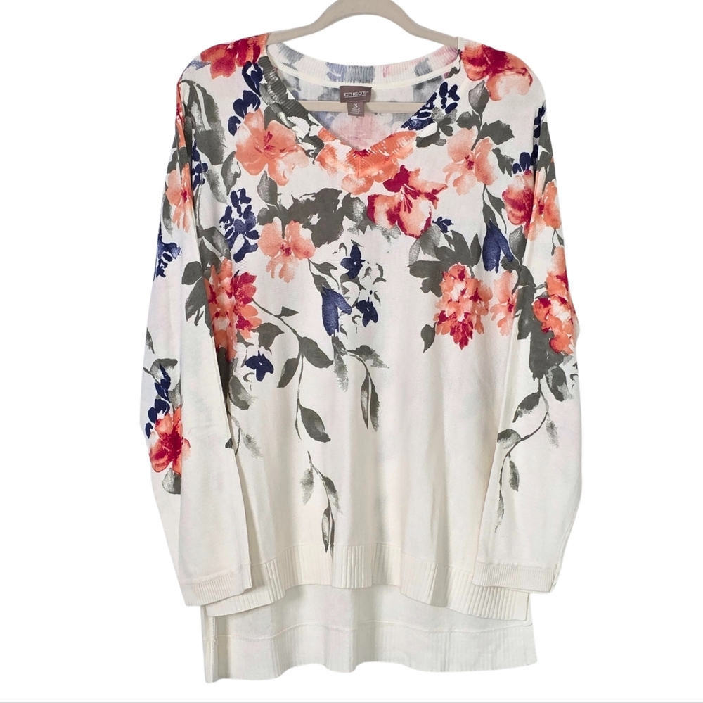 Chico’s 3% Cashmere Blend Floral V-Neck Tunic Fine Gauge Sweater Size 3 (XL)